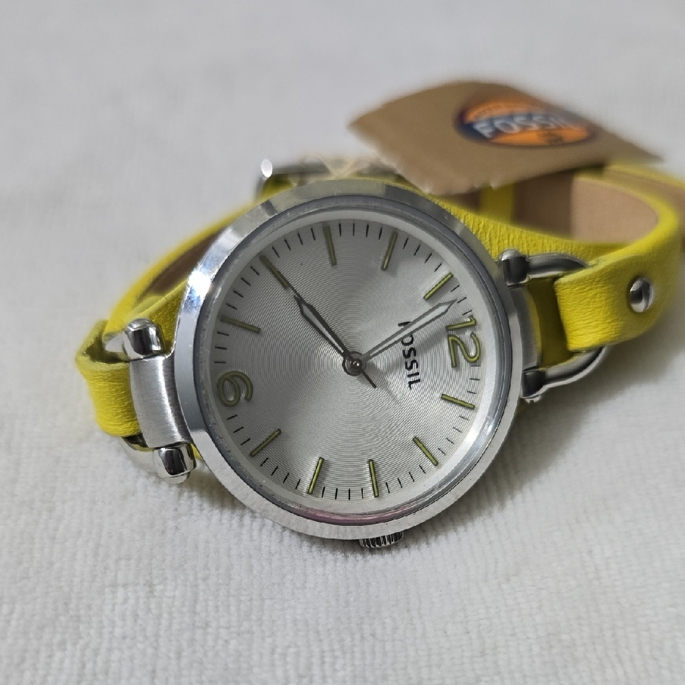 Fossil Watch with Silver Face and Yellow Band